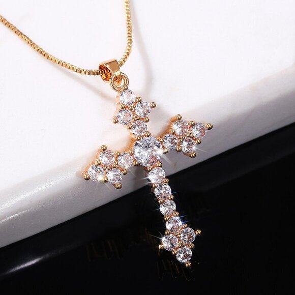 Jewelry - 💝White Zircon Filled Cross Beautiful Gold Plated Cross Necklace Women,UNVN12404
